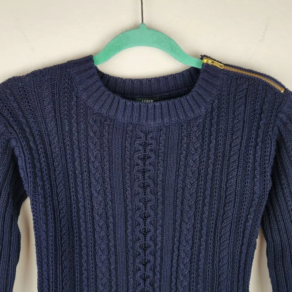 J. Crew Cotton Cable Knit Crewneck Sweater with Shoulder Zip sz XS